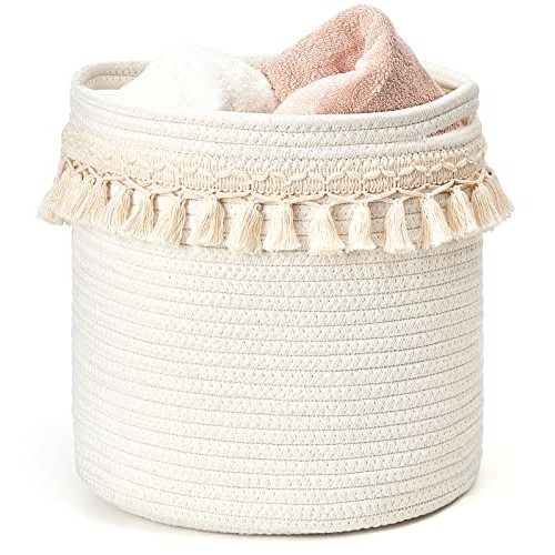 Mkono Macrame Decorative Cotton Rope Basket Boho Nursery Decor Small Cute Woven Tassel Closet Storage Bins Organizer for Baby Toys,Magazines, Potted Plants Cover,Living Room,Bedroom, 11"x11"