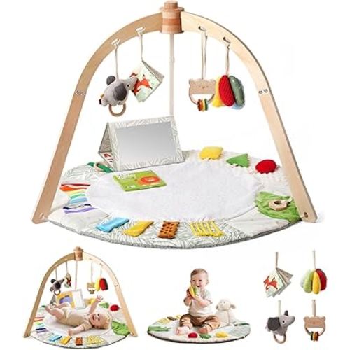Wooden Baby Play Gym & Tummy Time Playmat – Montessori Sensory Activity Mat with 6 Developmental Toys for Fine Motor Skills – for Newborns to Toddlers (0–12M+)