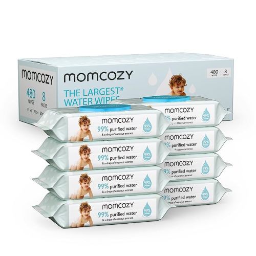 Baby Wipes, Momcozy Water Wipes-Extra Large Size Design, 99% Water Based Wipes & a Drop of Coconut Extract, Unscented & Hypoallergenic for Sensitive Skin, 8 Flip-Top Packs (480 Wipes Total) - 480 Count (Pack of 8)