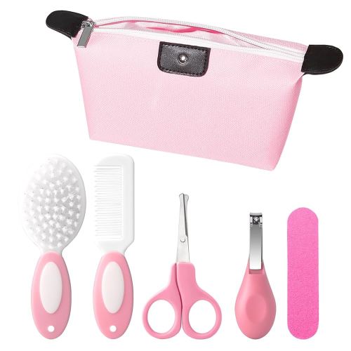 5-Piece Baby Grooming Kit with Multi-Use Storage Pouch - Infant Brush,Rounded Comb,Scissors,Nail Clippers & Emery Board -Essentials for Newborn Care & Travel Pink
