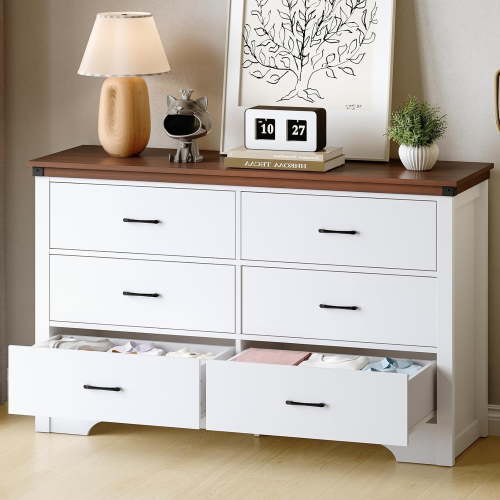 Farmhouse 6 drawer dresser for bedroom, 51" Wide chest of drawers, Wood white dresser with Metal Handle and Anti-Tipping Device, Storage Dressers Organizer for Bedroom, Living Room, Hallway, White
