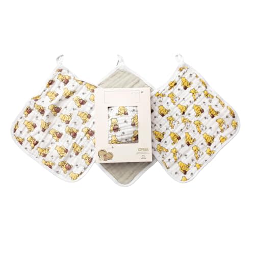 Sugar Lily's Classic Pooh,Muslin Cotton Washcloth Set, Soft Muslin Cotton, Durable, Classic Pooh+ Soccer Ball Design, Classic Pooh Print, Grey with White Trim, 3pc Set, Small