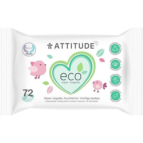 ATTITUDE Biodegradable Baby Wipes, Plant Based Unscented Diaper Wipes for Babies and Newborn, Dermatologically Tested, Vegan, 72 Count