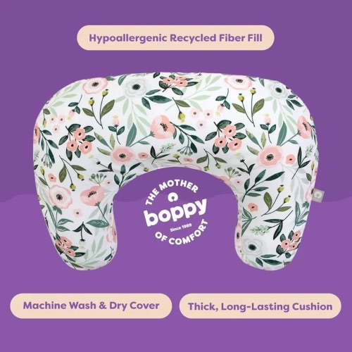 Boppy Nursing Pillow - Firm, Ergonomic U-Shaped Bottle and Breastfeeding Pillow with High Lift for Comfort and Support, Spacious Surface - Pink Garden Flowers