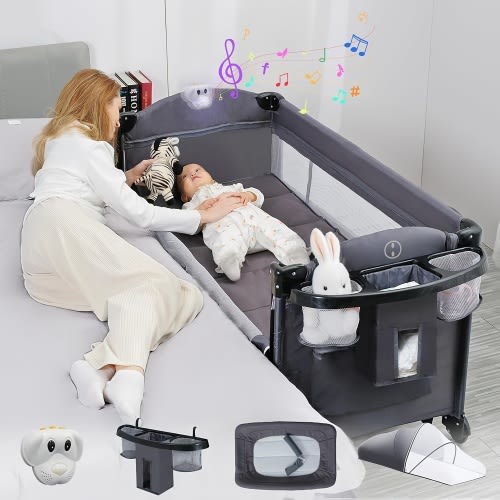 5 In 1 Baby Bassinet Bedside Sleeper, Pack And Play Bassinet With Diaper Changer, Blackout Cover, Mattress, Music, Bedside Crib With Storage, Playard With Bassinet From Newborn To Toddles.(Grey)