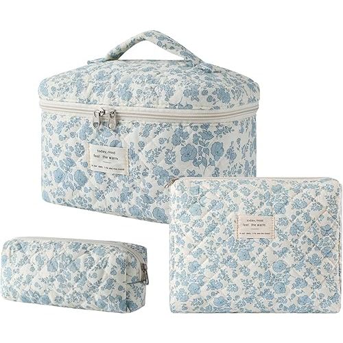 uekeboag Large Travel Quilted Makeup Bag for Women, Floral Cotton Cosmetic Bag, Coquette Aesthetic Floral Toiletry Organizer Bag