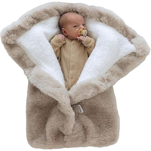 Warm Swaddle Blanket for Baby Boy or Girl, Multi Use Baby Wrap Swaddle, Ultra-Soft Fleece Interior Plush Exterior, Winter Stroller Blanket, Cold Weather Baby Swaddle (Beige, 0-6 Months) - 0-6 months