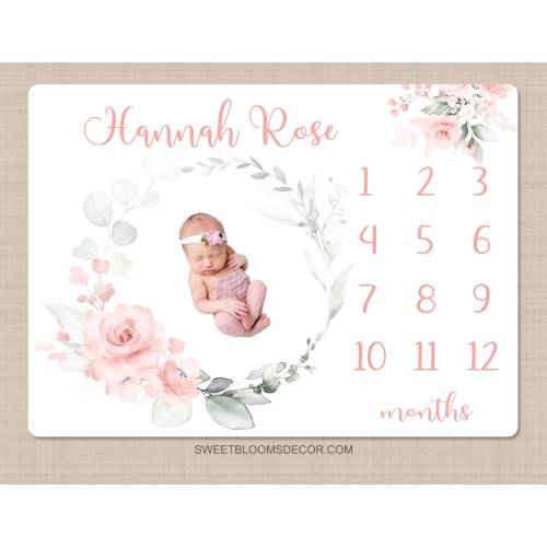 Pink Floral Milestone Blanket, Blush Pink Watercolor Flowers Monthly Milestone Growth Tracker Newborn Baby Girl Name Baby Shower Gift B1434