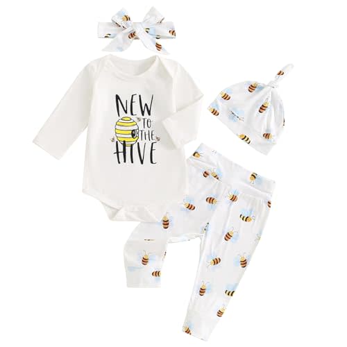 Newborn Baby Boy Girl Coming Home Outfit Bumble Bee New to the Hive Bodysuit Pants Hat Headband 4pcs Set