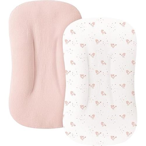 Muslin Baby Lounger Cover for Newborn & Infant, 100% Cotton Soft and Breathable Lounger Slipcover for Baby Girls and Boys, Pack of 2 (Pink Blossom)