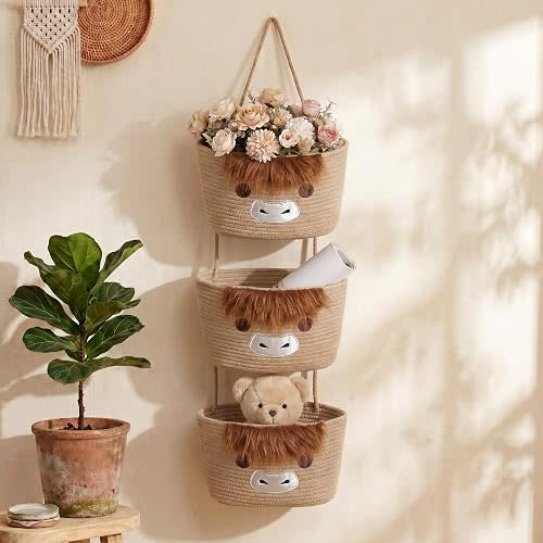 3-Tier Highland Cow Theme Cotton Rope Hanging Basket Organizer, Wall Storage Bin with Hooks, Brown Over Door Decorative Nursery Closet Hanging Accessories
