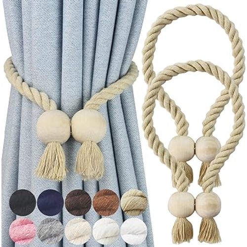 2 Pack Magnetic Curtain Tiebacks Cotton Hand Woven Tie Back Decorative Rope Holdbacks for Curtains Draperies No Tools Required, Dark Beige