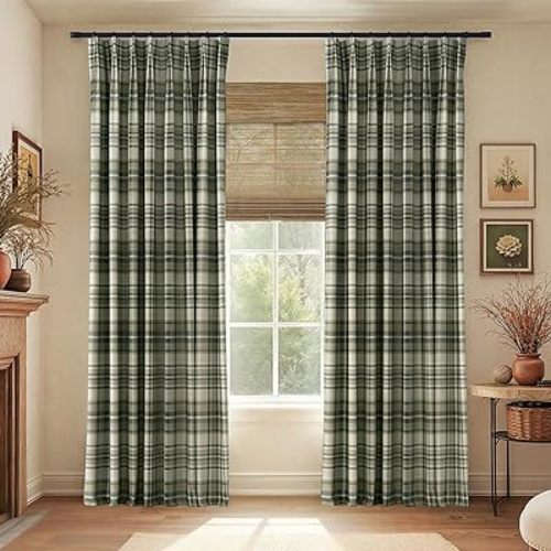 TWOPAGES Pinch Pleat Plaid Curtain 96 Inch Long Blackout Drape Linen Textured Tartan Curtain for Kitchen Bathroom (Latte, 26W x 96L Inches, 1 Panel)