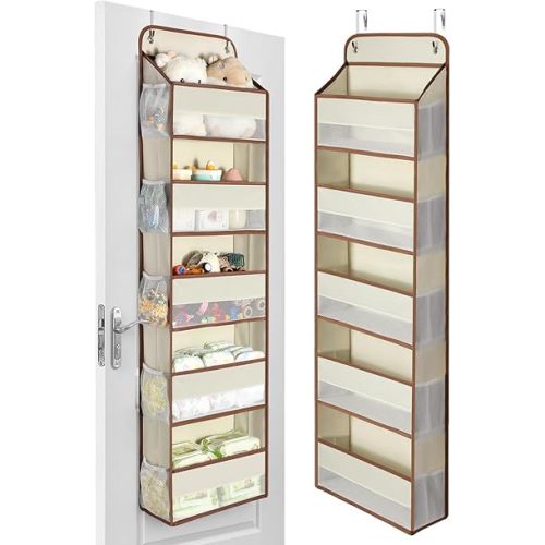 Yecaye 1 Pc 5 Tier Over the Door Organizer with 15 Pockets | 44lb Load Over the Door Storage | No Sagging Closet Organizers and Storage | Versatile Nursery Hanging Organizers for Home Dorm - Beige