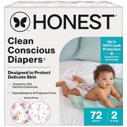 The Honest Company Clean Conscious Diapers for Sensitive Skin | Up to 100% Leakproof | Hypoallergenic, Fragrance Free | Girl Prints | Club Box, Size 2 (12-18 lbs), 72 Count (Prints May Vary)