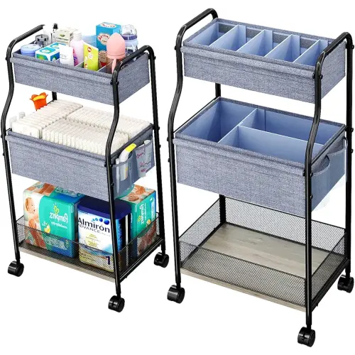 3-Tier Baby Diaper Caddy Organizer and Storage Cart with 4+2 Dividers, Mobile Metal Utility Cart with Rolling Wheels for Nursery Essentials, Large Capacity Rolling Carts for Crib, Bedroom, Bathroom
