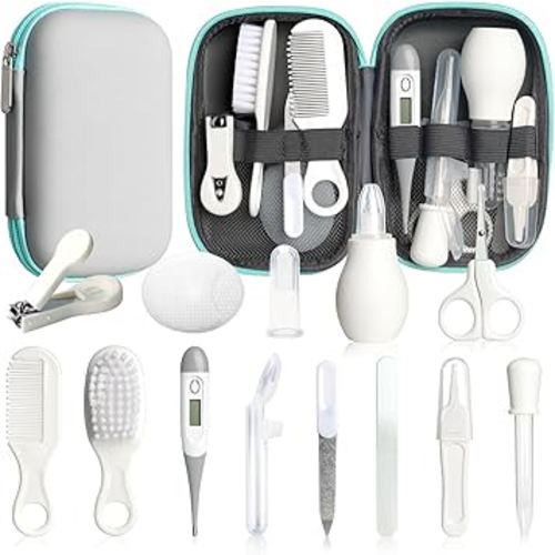 Baby Healthcare and Grooming Kit, 14 in 1 Baby Safety Set Newborn Nursery Health Care Set with Hair Brush Scale Nail Clippers for Baby Girls Boys (14 Kits Grey White)