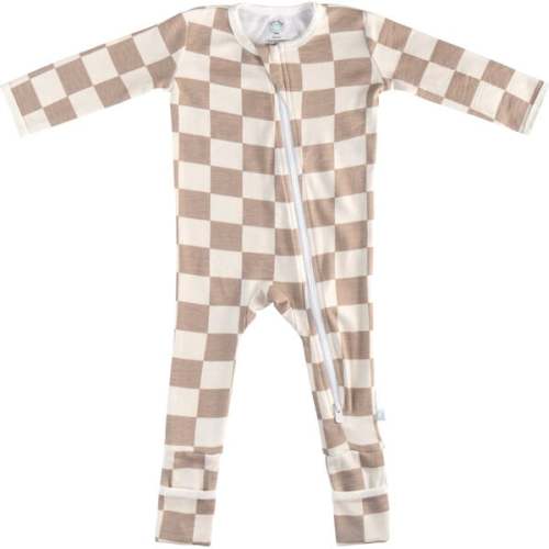 9-12m Baby Bamboo Pajamas W/ DreamCuffs®, Oat Latte Checkerboard - Dreamland Baby | Maisonette