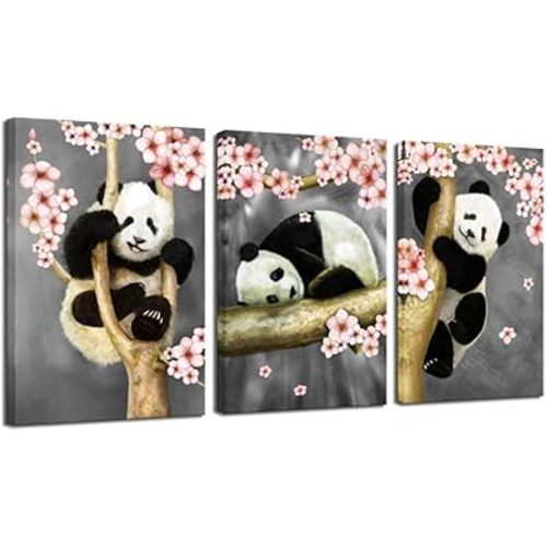 sechars - Cute Panda Canvas Wall Art Panda Bear Painting Artwork for Kids Bedroom Living Room Decor