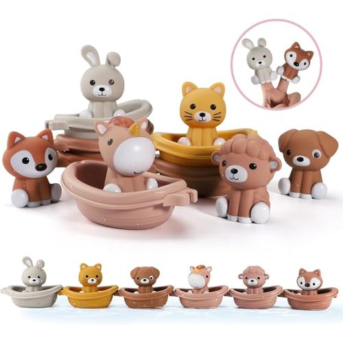 Nueplay Bathtub Toys for Toddlers 18M+，Baby Bath Toys with Animal Finger Puppets， Stackable Boat Train ，Gift for Baby & Toddlers Set of 12