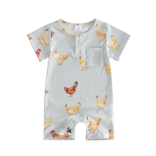 Baby Girl Boy Summer Clothes Farm Chicken Print Jumpsuit Romper Ribbed Bodysuit Neutral Newborn Coming Home Outfit