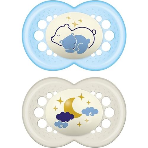 MAM Night Pacifiers (2 Pack, 1 Sterilizing Pacifier Case), MAM Pacifiers 6+ Months, Best Pacifier for Breastfed Babies, Glow in the Dark Pacifier, Baby Boy Pacifiers