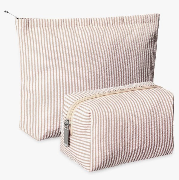 Huhumy 2 Pcs Makeup Bag Set Cute Cosmetic Pouch for Women Seersucker Travel Toiletry Bag Preppy Small Makeup Purse Pouch Aesthetic Skincare Brushes Storage Organizer for Valentine Women(Khaki)