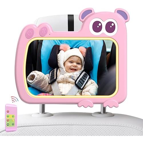 2-in-1 Baby Car Mirror with Lights & Soft Sounds, Cry Detector, Clear Night View, 360° Rotation, Shatterproof, Rear Facing Baby Car Seat Mirror with Remote Control, Perfect Baby Shower Gifts (Pink)