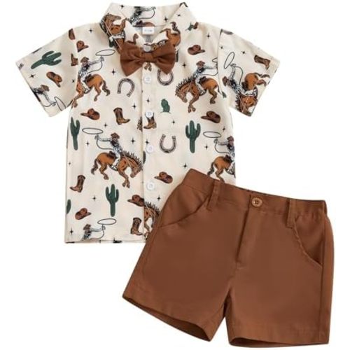 Toddler Baby Boy Western Outfits Horse Print Short Sleeve Button Up Shirts and Shorts Set 2Pcs Summer Clothes Sets