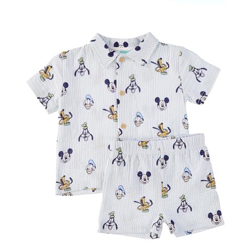 Disney Baby Boys Short Set - Winnie the Pooh, Mickey Mouse, Lilo & Stitch Button Down Short Set for Infants (12M-24M)