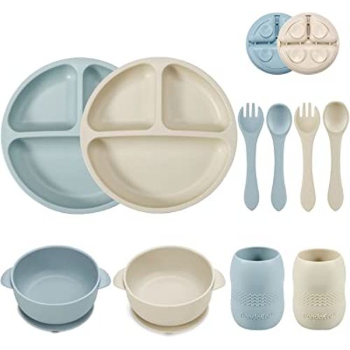 PandaEar Silicone Baby Feeding Set| 2 Divided Suction Plate + 2 Suction Bowl + 2 Tiny Cup with 2 Spoons| Baby Led Weaning Supplies Self Feeding Utensils (Blue White)