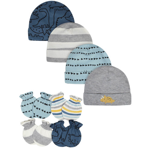 Gerber Newborn Clothes Gift Set - Baby Boys Hats & Scratch Mitts, 8-Piece