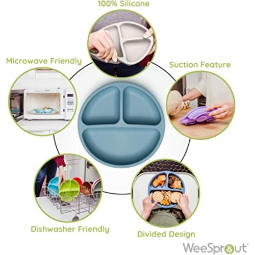 WeeSprout Suction Plates for Babies & Toddlers - 100% Silicone, Plates Stay Put with Suction Feature, Divided Design for Picky Eaters, Microwave & Dishwasher Friendly, 3 Pack