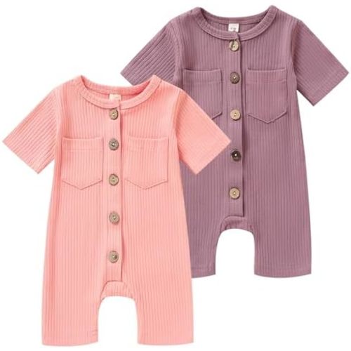 Newborn Baby Boy Girl Clothes 2 Pack Solid Romper Short Sleeve One-Piece Jumpsuits Outfits Sets