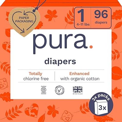 Pura Size 1 Eco-Friendly Diapers (4-11lbs) Totally Chlorine Free (TCF), Hypoallergenic, Soft Organic Cotton Comfort, Sustainable, Wetness Indicator, Allergy UK, 3 Packs of 32 (96 Baby Diapers)
