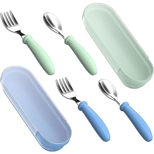 Toddler Utensils, Toddler Forks and Spoons, Baby Stainless Steel Silverware Set with Storage Box for Self Feeding Safe, Dishwasher Safe (2 Set with Case)