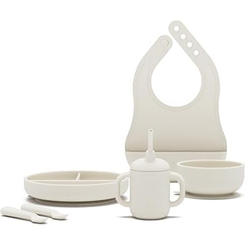 Lalo First Bites Silicone Baby Feeding Set - Baby Led Weaning Supplies - Non-Toxic Silicone - Includes 1 Bib, 2 Spoons, Training Cup, Suction Plate and Bowl - 6 Pieces - Oatmeal