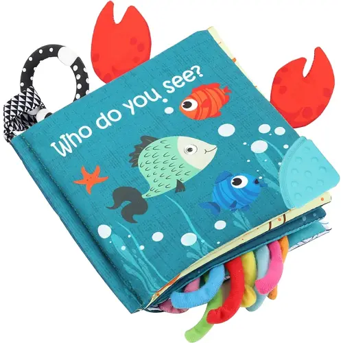 Fish Baby Books Toys, Touch and Feel Cloth Soft Crinkle Books for Babies,Toddlers Infant Kids Activity Early Education Toys, Shark Tails Teething Toys Teether Ring, Baby Book Octopus,Ocean Sea Animal