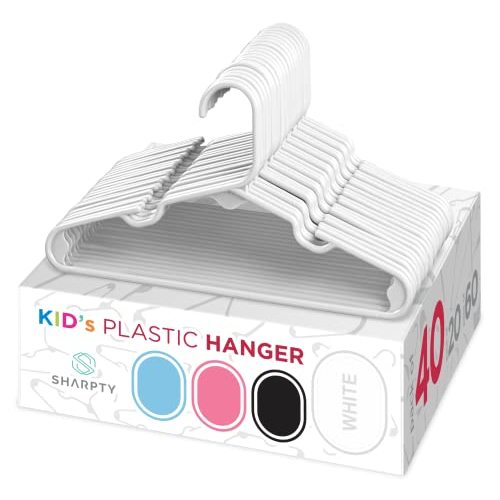 Sharpty Kids Plastic Hangers, Children's Hangers for Baby, Toddler, and Child Clothes - Everyday Standard Use - Ideal for Boys and Girls Closet, Clothing, Pants, Coats, and More - White, 40 Pack
