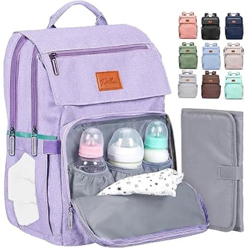 Baby Shower Gifts for Mom - Diaper Bag Backpack - 16 Organizer Pockets Baby Diaper Bag w/ Insulated Bottle Holders & Wipes Pocket, Large Capacity Baby Bag Backpack - Waterproof & Easy to Clean, Purple