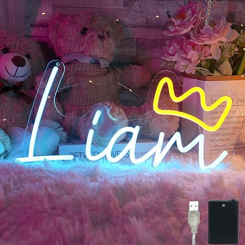 Liam Name Neon Sign - Ice Blue Dimmable LED Wall Light, USB/Battery Powered Neon Lights, 16 Inch Boys Bedroom Decor & Birthday Party Gift