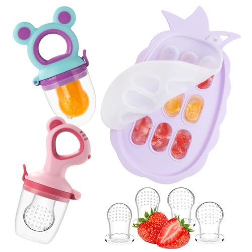 Baby Fruit Feeder & Baby Breastmilk Popsicle Molds, Baby Food Freezer Tray Storage Containers, Silicone Pacifier Feeder and Teether, Includes 6 Extra Food Pacifier