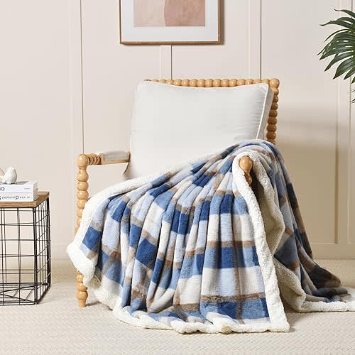 PU MEI Super Soft Faux Rabbit Fur Sherpa Fleece Throw Blanket, Reversible Luxury Cozy Cute Furry Blanket, Plush Warm Shaggy Fluffy Checkered Blankets for Sofa Couch Bed (Blue-Plaid, 60" x 80")