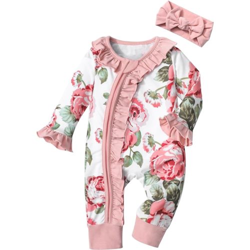 Infant Newborn Baby Girl Clothes Onesies for Baby Girl Long Sleeve Ruffle Baby Clothes with Headband Baby Clothes for Girls