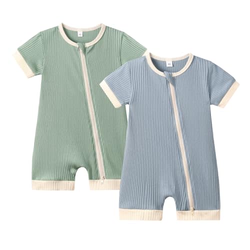 Bafeicao Unisex Baby Boy Girl 2 Pack Rompers Short Sleeve 2 Way Zipper One Piece Jumpsuits Clothes Sets