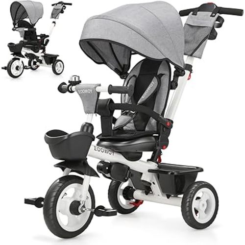 EOOWOY Toddler Tricycle with Push Handle, 7 in 1 Stroller Trike with 360° Swivel Seat, Reclining Backrest, All-Terrain Wheels, Dual Brakes, Canopy & Storage, Gift for Kids 18 Months to 5 Years, Gray
