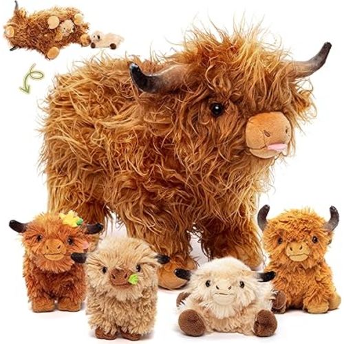 OUOZZZ Highland Cow Stuffed Animal – Large & Realistic Plush Toy with 4 Baby Calves – Special Furry Material – Travel-Friendly & Portable Gift for Baby Girls, Boys, Toddlers & Kids