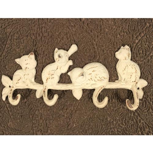 Vintage Cast Iron Cat Tail Wall Hook Cream Rust Distressed 4 Hooks Coats Keys
