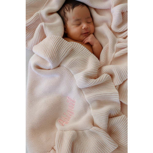 Embroidered Knit Blanket With Ruffle in Tea Rose | Caden Lane