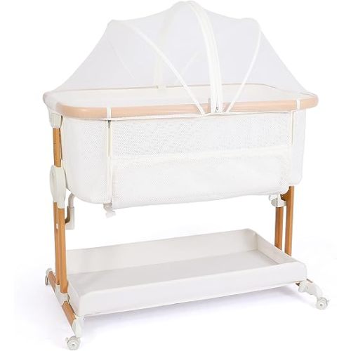 Baby Bassinet Bedside Sleeper 2 in 1 with Wheels, Arms Reach Co Sleeper Breathable All Mesh with Mattress, Incline Option, 5 Adjustable Heights for Newborn to 6 Months Infant